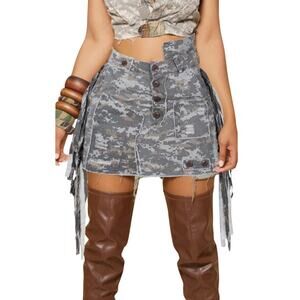 Micas Camo Frayed Patchwork Fringe Mini Skirt, Deconstructed, Plus Size 2XL, NWT